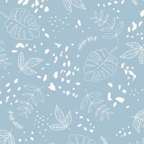 Jungle leaves and cheetah spots tropical monstera branches and botanical plants natural earthy boho theme nursery freehand white on baby blue ice 