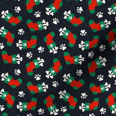 Pups Stocking - dog bone Christmas stockings - red/green on navy - LAD22