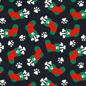 Pups Stocking - dog bone Christmas stockings - red/green on navy - LAD22