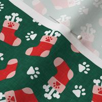 Pups Stocking - dog bone Christmas stockings - red/pink on green - LAD22