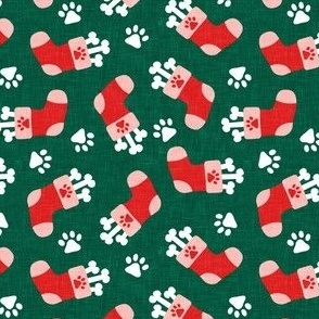 Pups Stocking - dog bone Christmas stockings - red/pink on green - LAD22