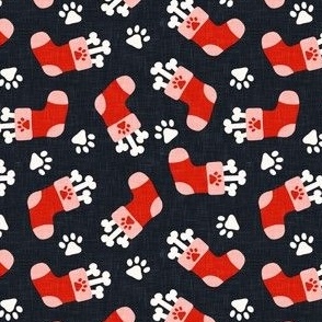 Pups Stocking - dog bone christmas stockings - red/pink on navy - LAD22
