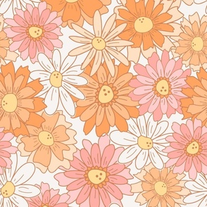 70s retro floral in pink, orange, peach - medium scale on white