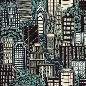 Biro City Night Lights Larger Scale For Wallpaper Black Blue Modern Abstract Metropolis