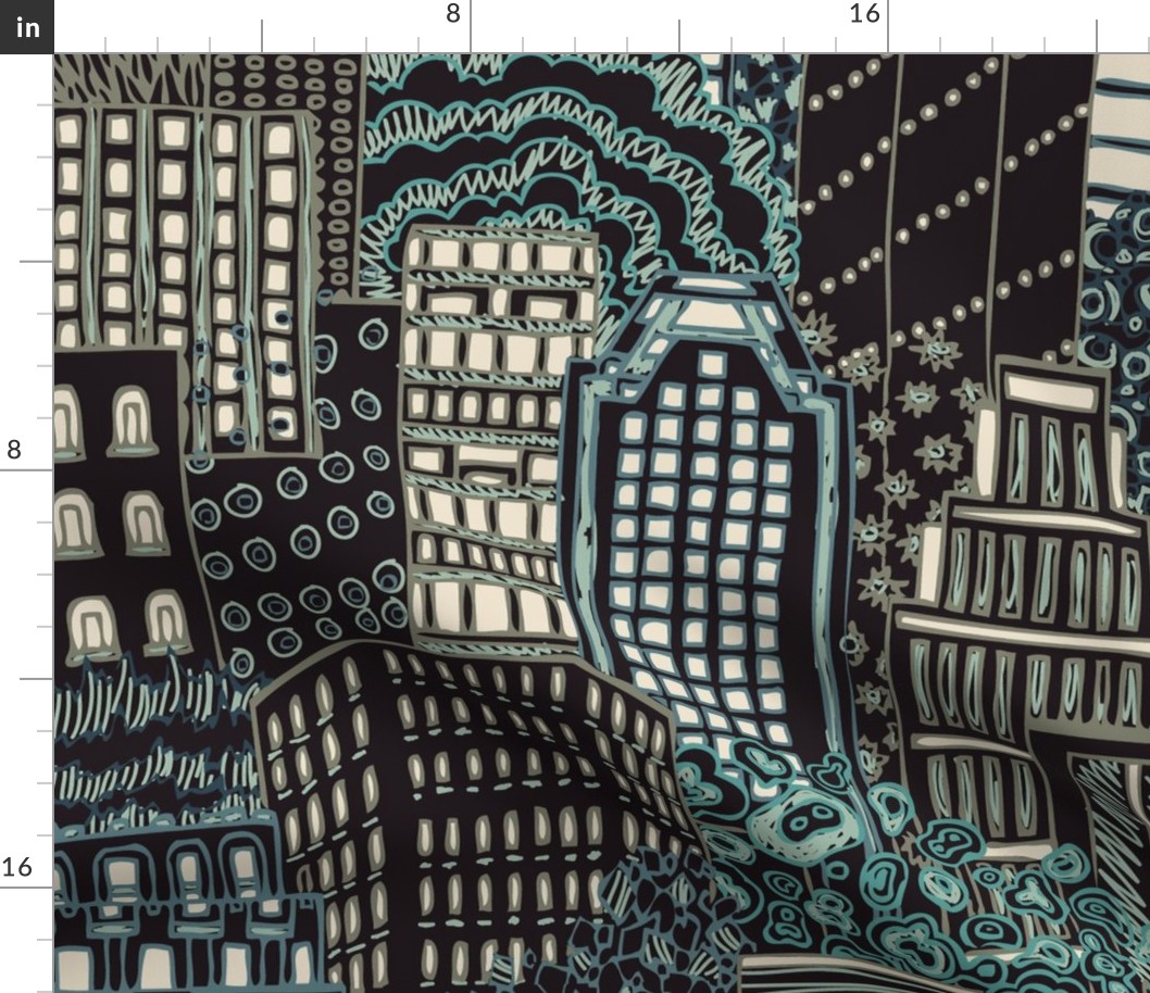 Biro City Night Lights Larger Scale For Wallpaper Black Blue Modern Abstract Metropolis