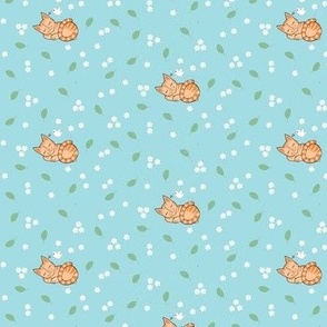 Tiny sleepy ginger kitties and blossoms on turquoise 