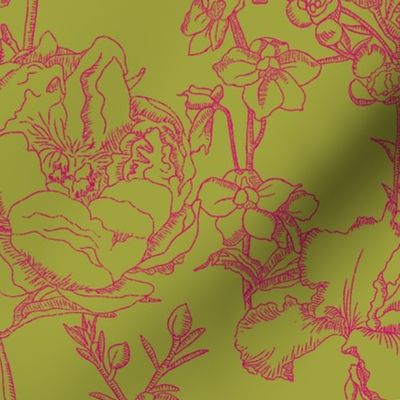 Cottagecore Victorian Florals Illustration - Chartreuse and Fuchsia