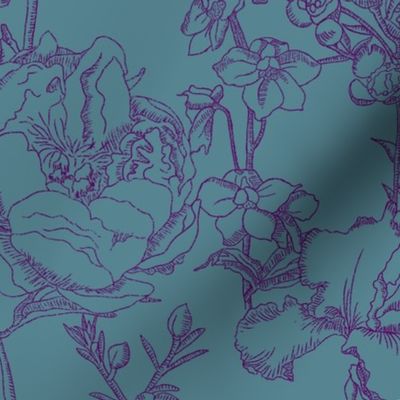 Victorian Florals Illustration - Aegean Teal and Plum