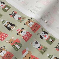 Puppy Dogs in Retro Christmas Sweaters on olive green- 1 inch