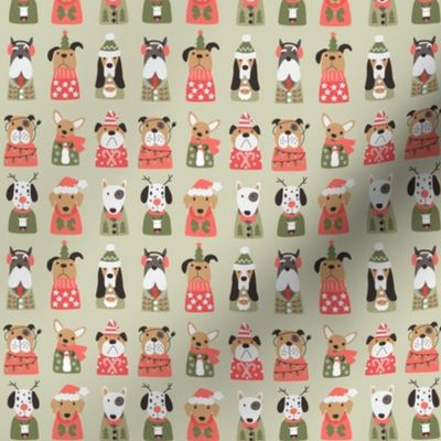 Puppy Dogs in Retro Christmas Sweaters on olive green- 1 inch