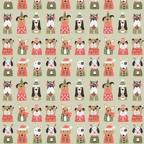 Puppy Dogs in Retro Christmas Sweaters on olive green- 1 inch