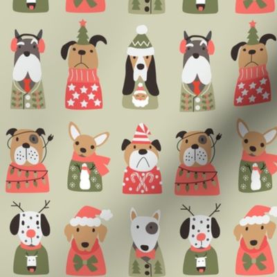 Puppy Dogs in Retro Christmas Sweaters on olive green - 2 inch