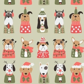 Puppy Dogs in Retro Christmas Sweaters on olive green - 2 inch