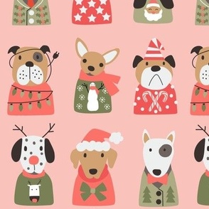 Puppy Dogs in Retro Christmas Sweaters   on pink - 3 inch