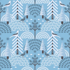 Scandi Bird Sanctuary / Frosty / Folk Art / Geometric / Icy Blue / Large