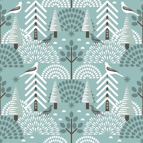 Scandi Bird Sanctuary / Wintergreen / Folk Art / Geometric / Trees Forest / Large