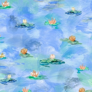 Monet Lilies On Watercolor in Blue