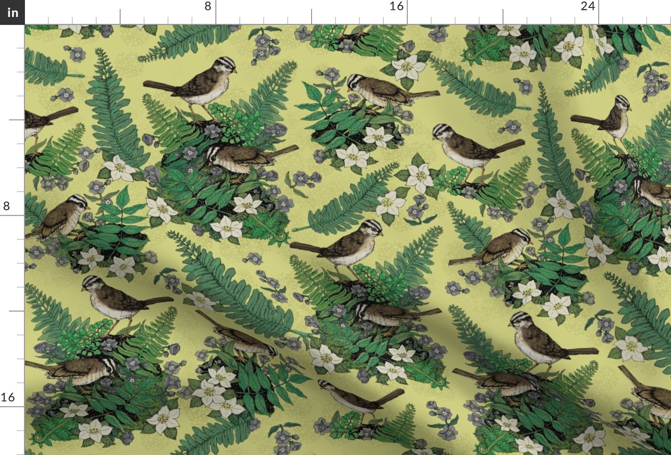 Backyard Birds And Ferns On Yellow