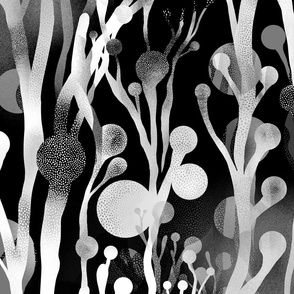 Space Seaweed Otherworldly Botanical Surrealistic Flowers - Black and White Noir Floral - Large