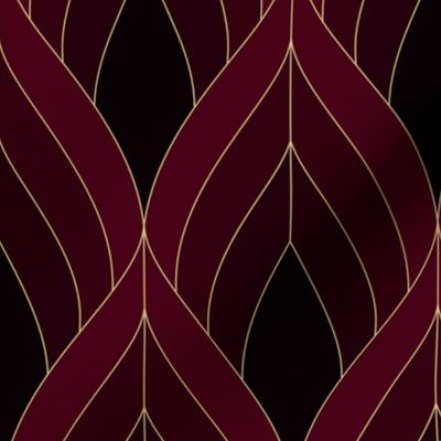 ART DECO BLOSSOMS - REAL DARK RED TONES WITH GOLD LINES, LARGE SCALE