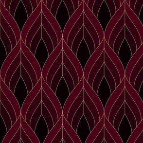 ART DECO BLOSSOMS - REAL DARK RED TONES WITH GOLDEN LINE WORK