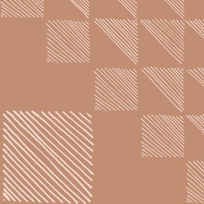Hand-drawn sketchy organic lines forming squares and diamonds, for home décor, tablecloths and napkins, mod dining décor, elegant wallpaper style in patchwork style design - in apricot blush and warm caramel tones