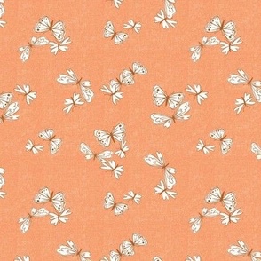 Small butterflies in brown and cream on rust orange texture.