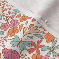 Small butterflies and flowers in orange pink and blue on cream