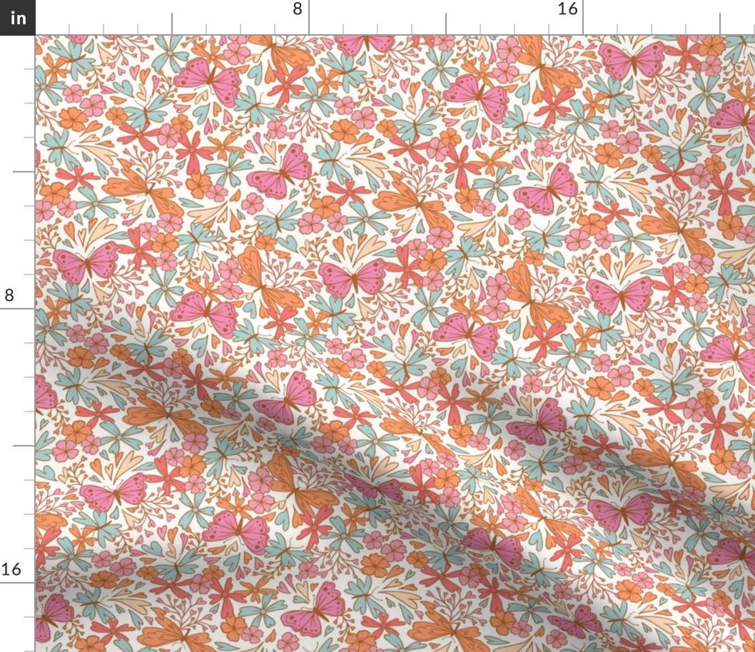 Small butterflies and flowers in orange pink and blue on cream