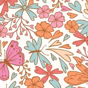 Large butterflies and flowers in orange pink and blue on cream