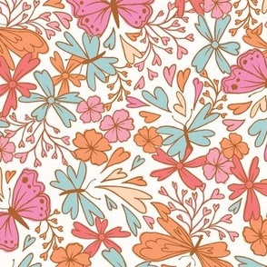 Medium butterflies and flowers in orange pink and blue on cream