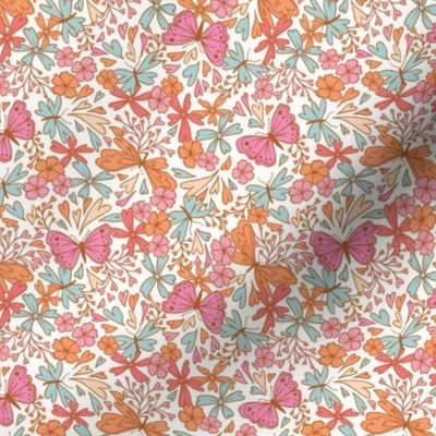 Extra small butterflies and flowers in orange pink and blue on cream