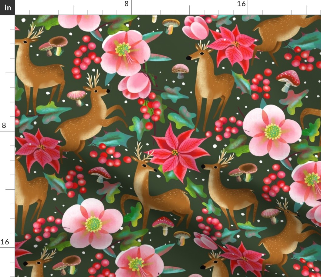 poinsettia and deers // dark green // medium