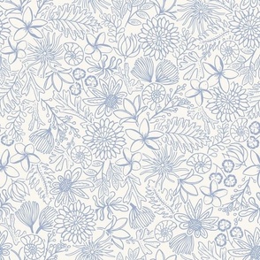 Beach floral with seaweed, ammonites, coral and frangipani in blue on cream.