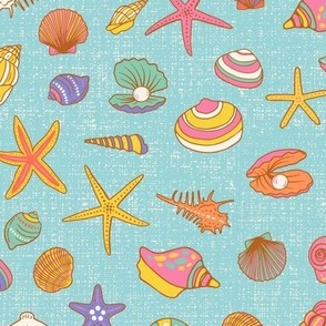 Hand drawn sea shells in candy pop colours on blue with texture
