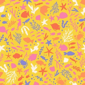 Fishies, sea weed and other marine life in pink, orange and periwinkle on yellow background