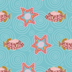 Fish and sea star seamless pattern