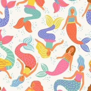 Floating mermaids in the sea in  yellow, pink, green, orange, periwinkle on cream - medium scale