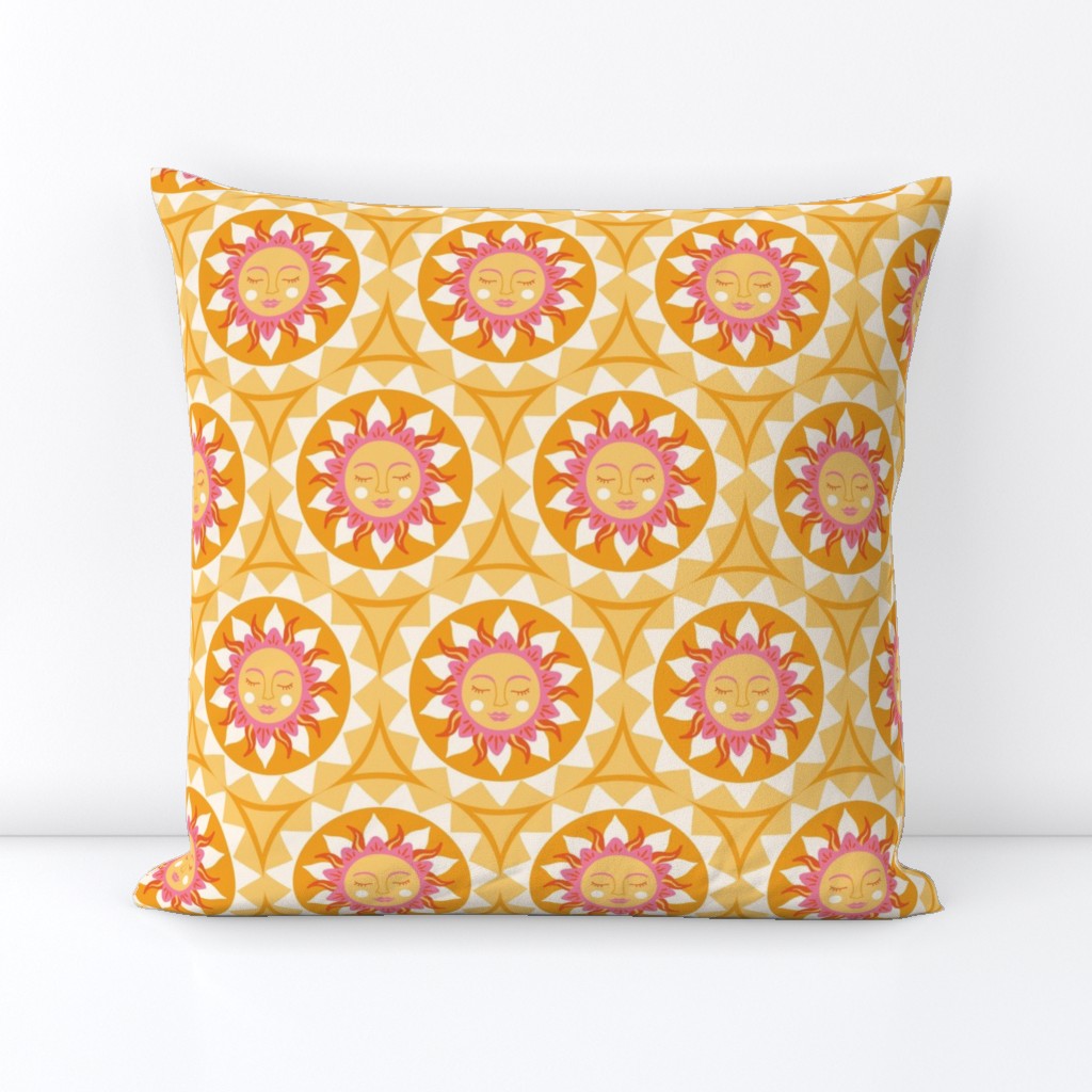 Large summer suns in yellow and pink boho retro