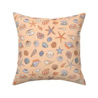 Hand drawn sea shells in blue and cream on peach coral background with linen texture