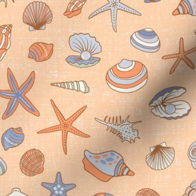 Hand drawn sea shells in blue and cream on peach coral background with linen texture