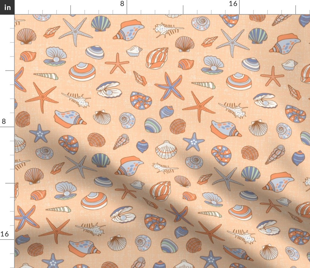 Hand drawn sea shells in blue and cream on peach coral background with linen texture