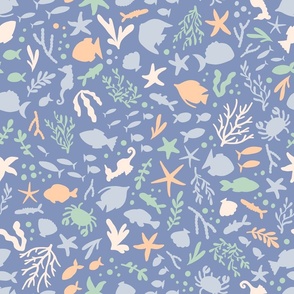 Fishies, sea weed and other marine life in blue, green and peach on a blue background