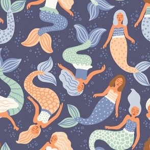Floating mermaids in the sea with bubbles in blue and green - medium scale