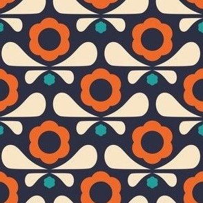 2037 small - geometric retro flowers, navy / orange