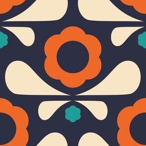 2037 large - geometric retro flowers, navy / orange