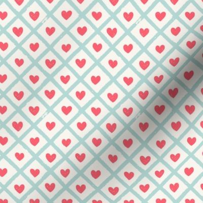 Diagonal checks textured stripes love hearts pink, red and cream - MEDIUM SCALE