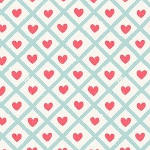 Diagonal checks textured stripes love hearts pink, red and cream - MEDIUM SCALE