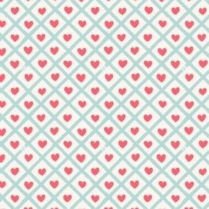 Diagonal checks textured stripes love hearts red, cream and blue - SMALL SCALE
