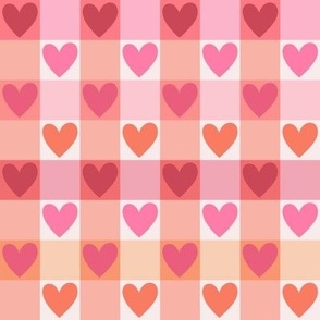 Valentine's day love hearts checks, gingham, retro style valentine design red orange pink 